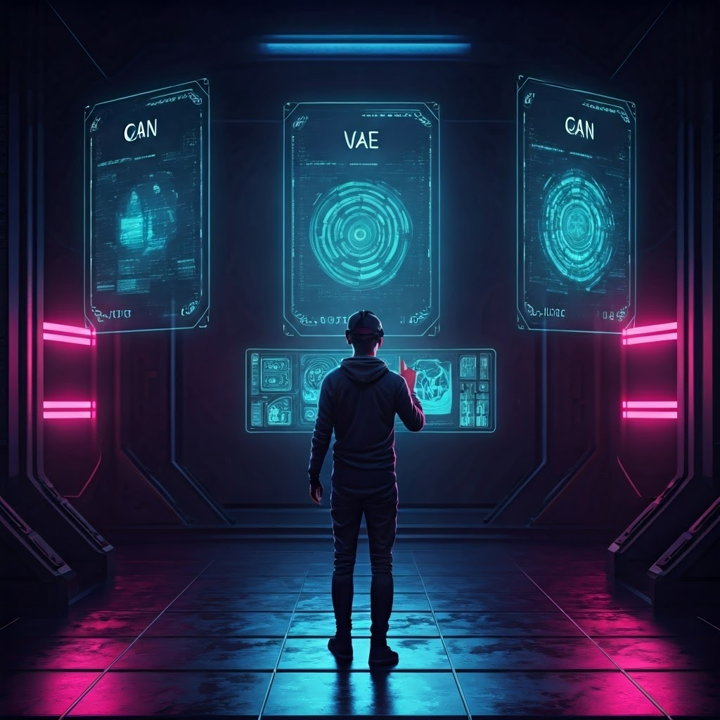 Three glowing holographic screens labeled GAN, VAE, and Diffusers float in a neon-lit lab as a person in a VR headset gestures toward the displays, illustrating core AI art tools.