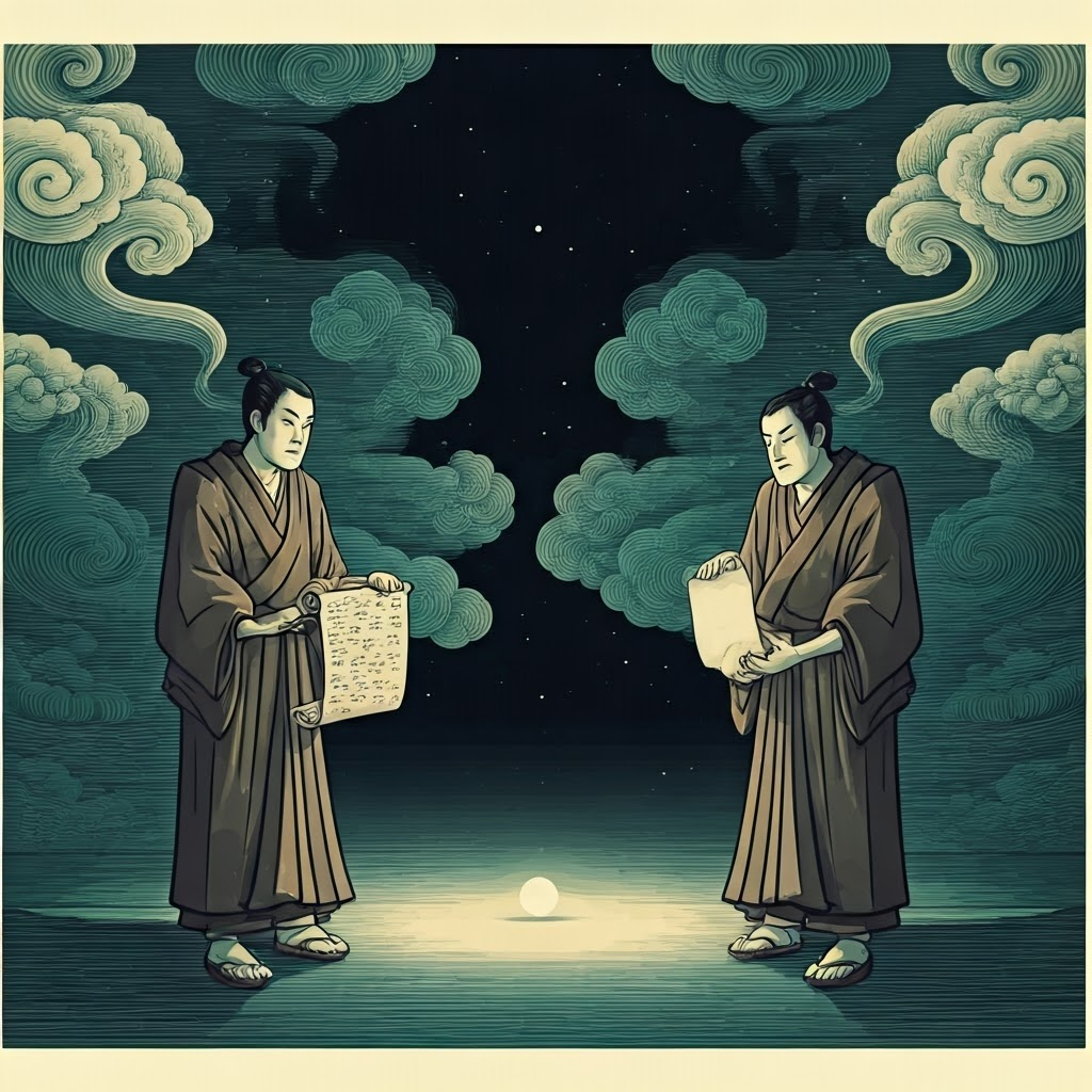 Two woodblock-style figures debate a faint particle, while swirling clouds form Schrödinger cats above them