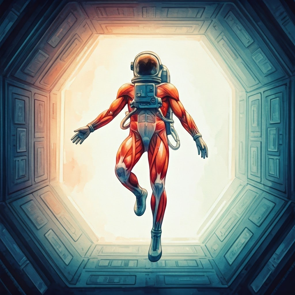 A watercolor silhouette of an astronaut; warm reds highlight shrinking calf, thigh, back, and neck muscles