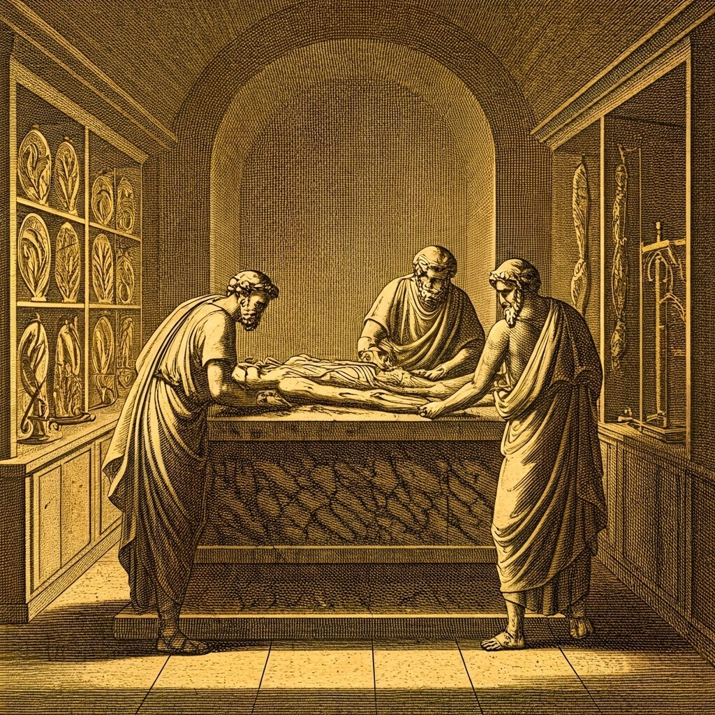 Herophilus and Erasistratus dissecting a cadaver in a classical lab, depicting early scientific medicine.