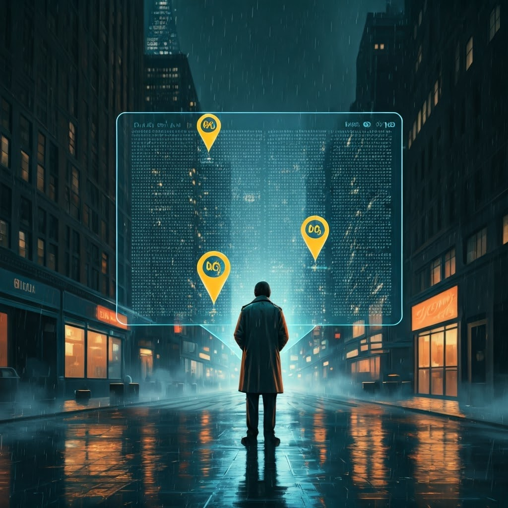 Illustration of a data scientist studying a glowing nighttime map of NYC taxi rides, with 6 p.m. pickup clusters and highlighted anomalies.