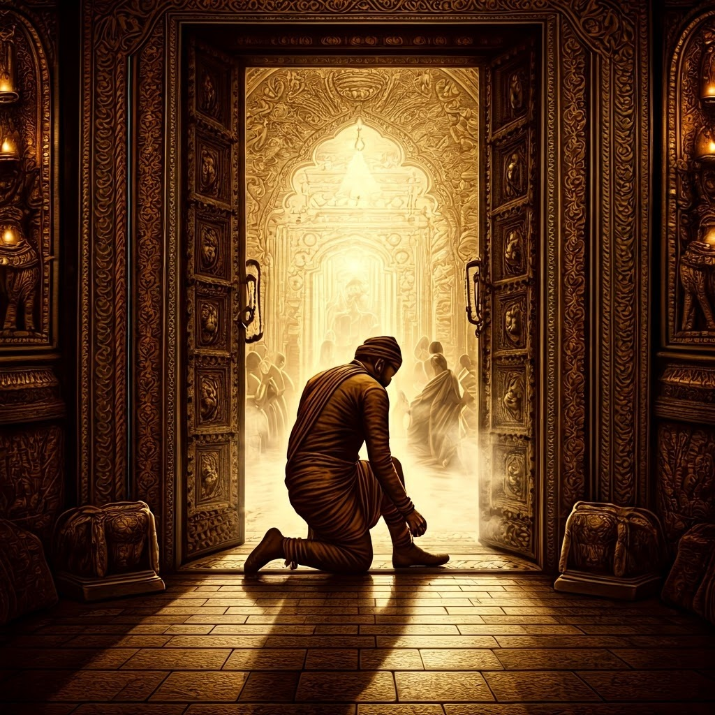 Worshipper kneels to slip off boots before an ornate mandir gate, sepia glow around carved elephants