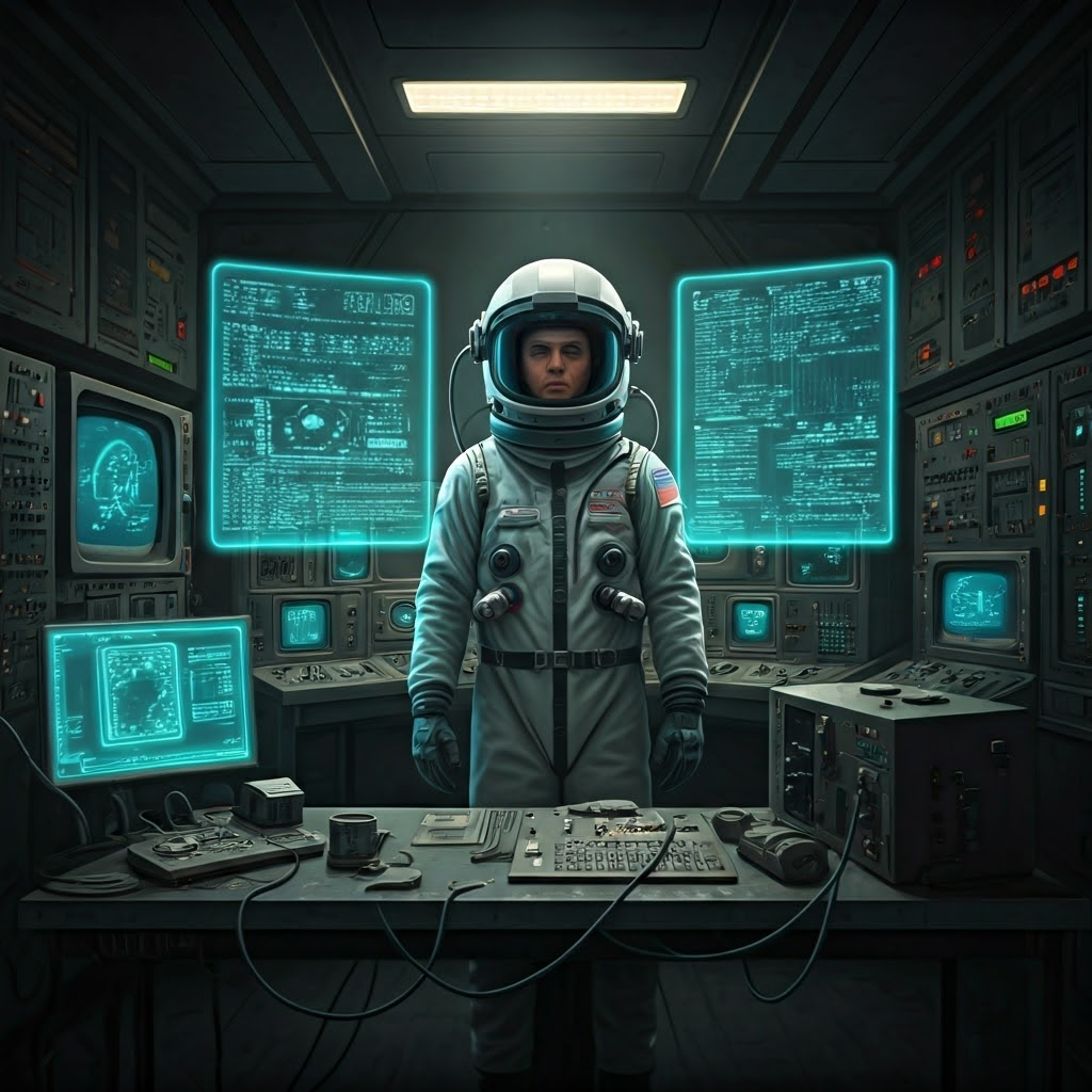 An astronaut in a bulky 1980s VR helmet trains amid holographic spacewalk scenes in a NASA lab, showing early professional uses