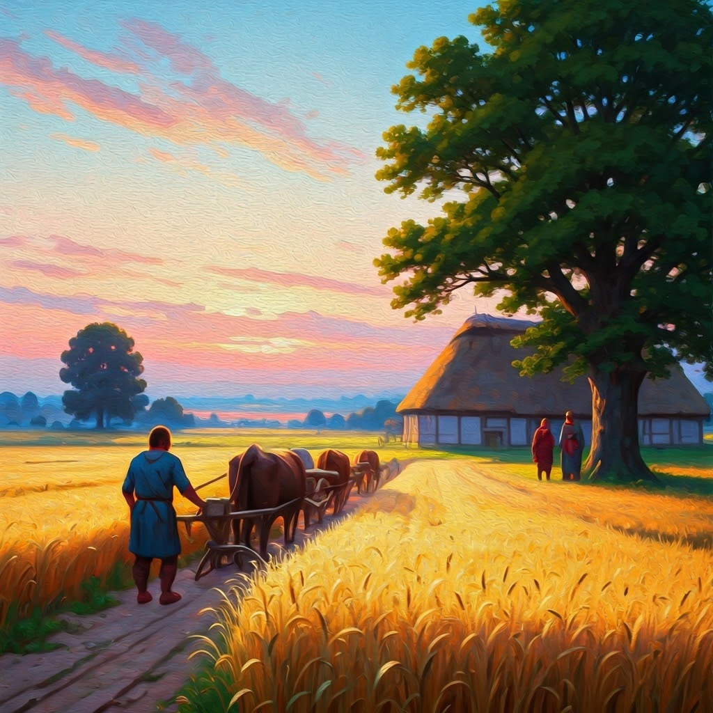 Pastoral Frankish farmland at dawn with farmers guiding plows and nobles bartering