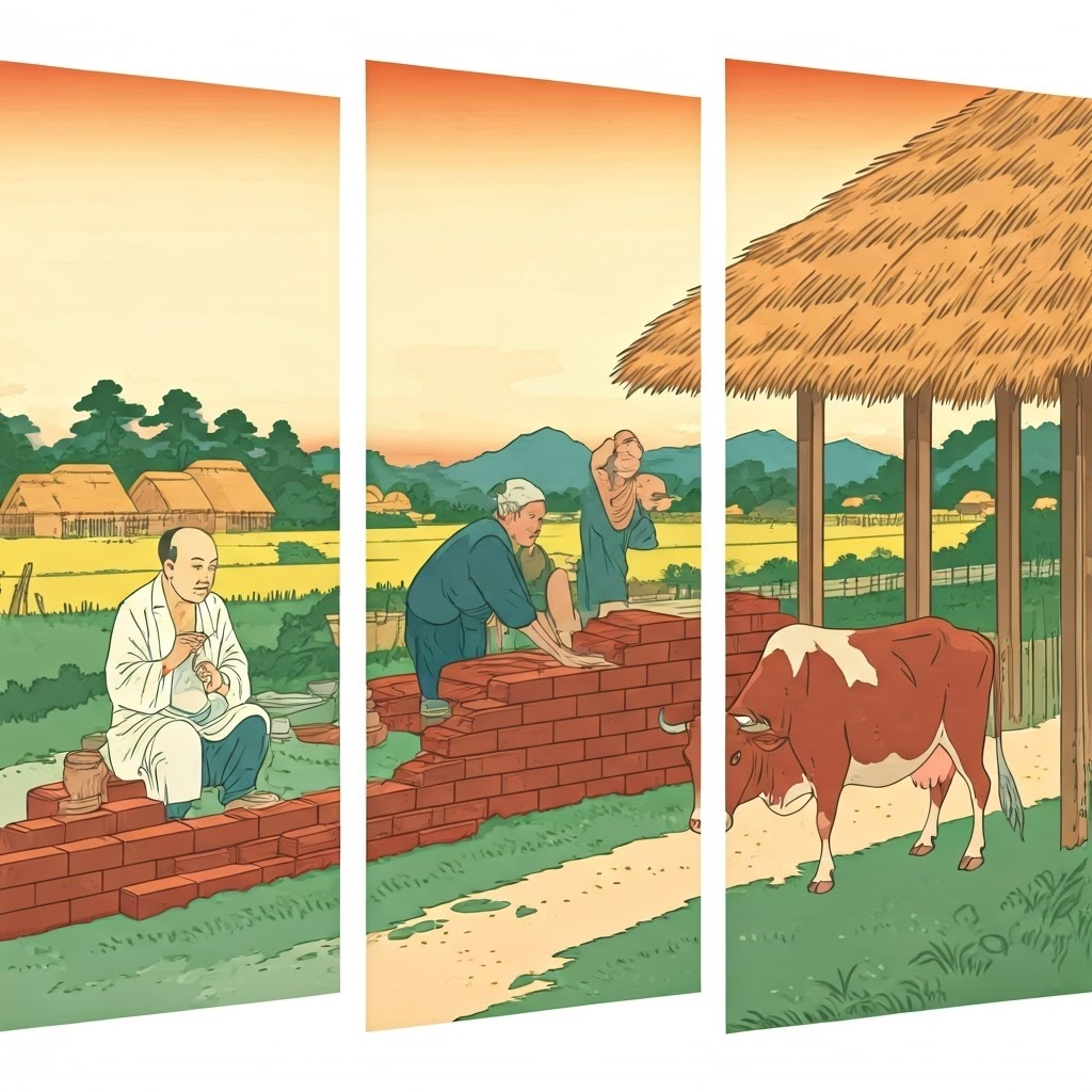 Three scenes—doctor, builder, wandering cow—show Hammurabi’s laws guiding everyday work.