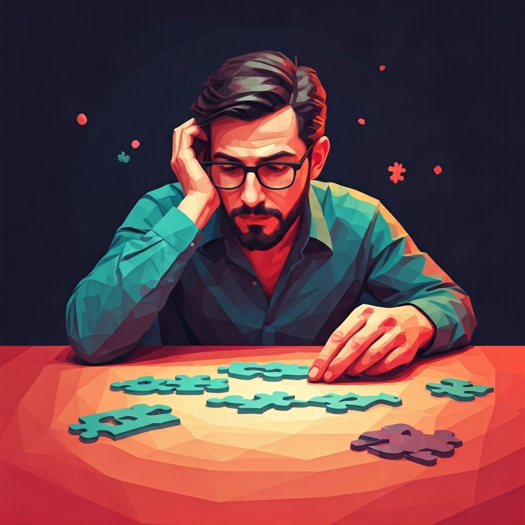 Artist piecing together letter-shaped puzzle tiles while listening to speech fragments