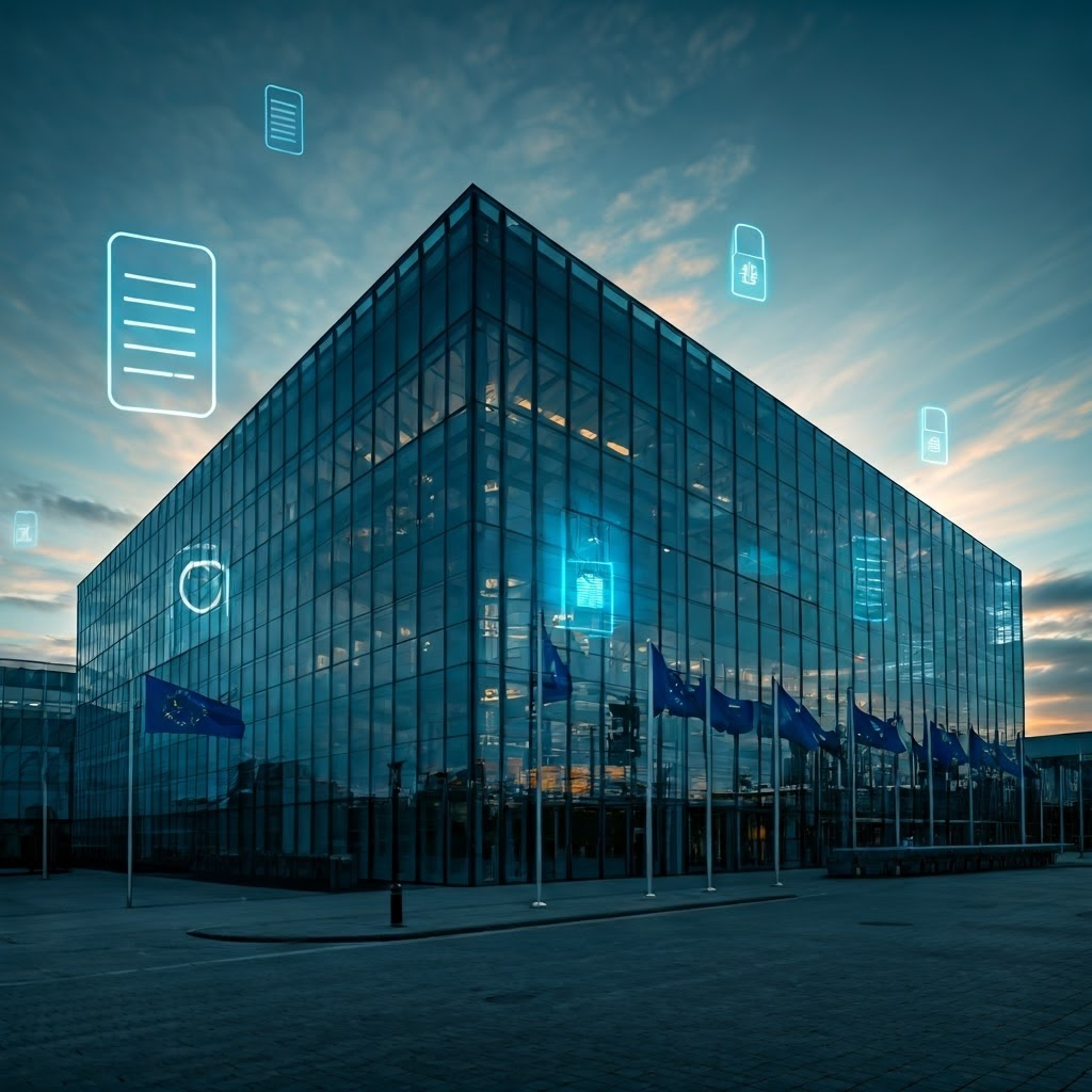 EU headquarters with flags and glowing GDPR documents and lock icons, sleek futuristic architecture under afternoon light.