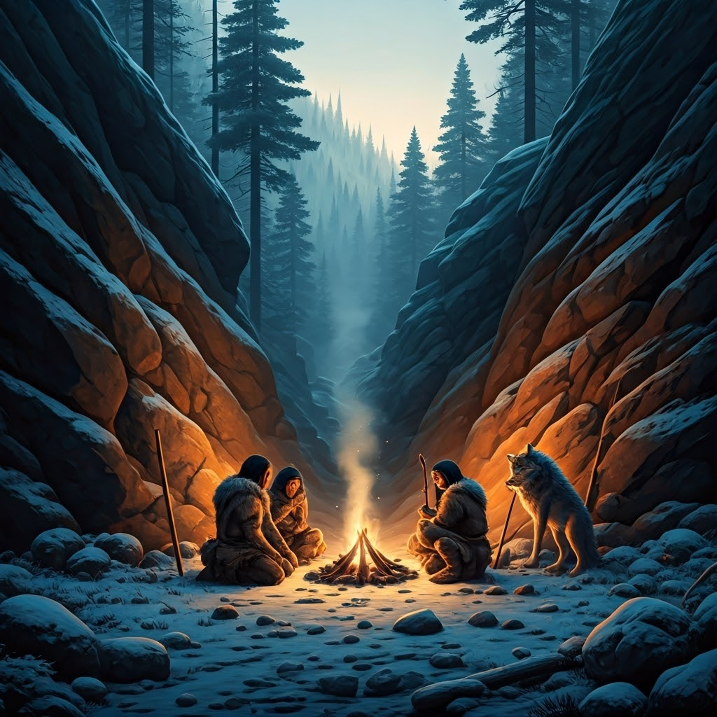 Dawn in a narrow Paleolithic valley where hunters huddle by a fire, their breath visible in the cold light, a loyal wolf at their side, pines fading into mist