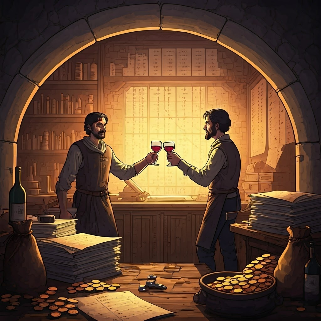 Medieval accounting corner with coins, ledgers, and anxious investors in low light