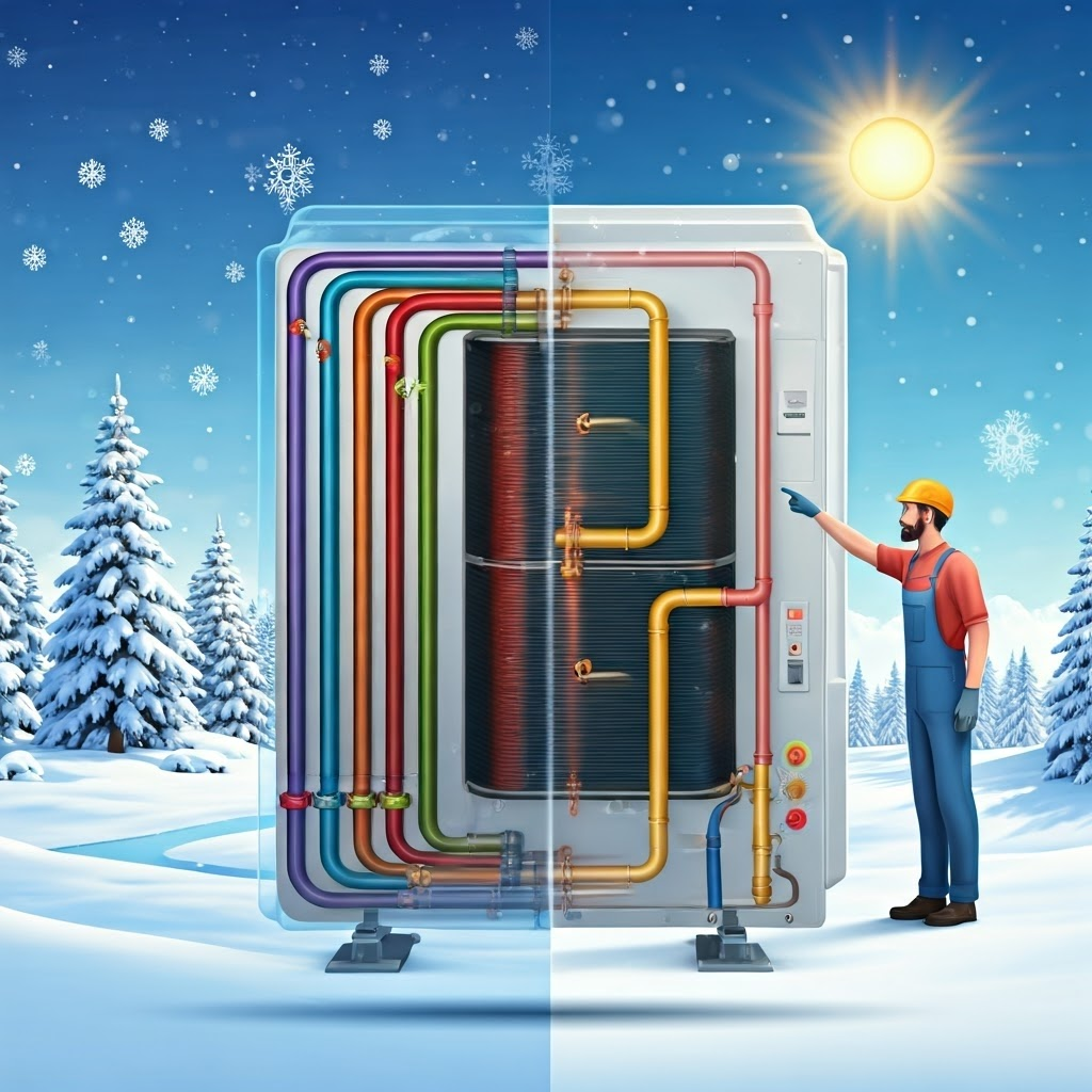 Color-coded diagram shows refrigerant cycling through a compressor and coils, with arrows marking heating and cooling directions across winter and summer scenes.