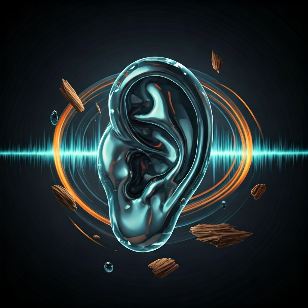 Transparent crystalline ear surrounded by colorful wave ribbons passing through water droplets, wood, and metal shards to show vibrations in different materials.