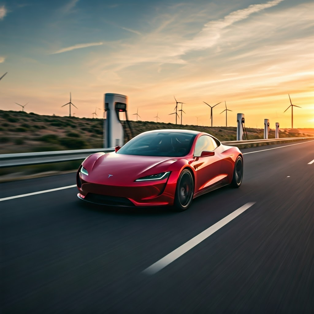 Red Tesla Roadster races along a sunrise coast, charging stations and wind turbines on the horizon