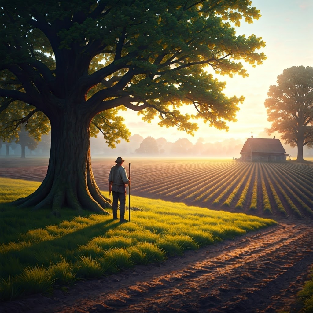 Medieval farmer at dawn, surveying fields under golden light, symbolizing days guided by natural sunlight.