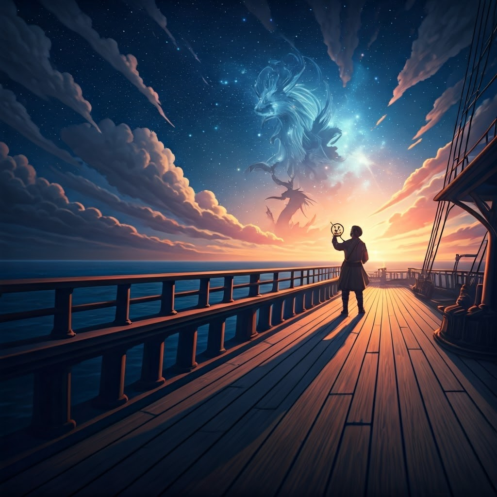 Explorers stand on a starlit deck, astrolabe in hand, while faint islands and creatures form in the night clouds—merging wonder with navigation.