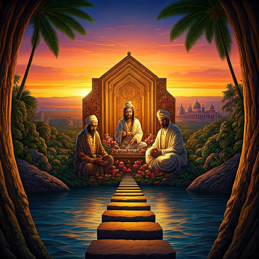 Collage of saints, local deities, mosques, synagogues, and churches sharing space, capturing cultural blending where religions intersected