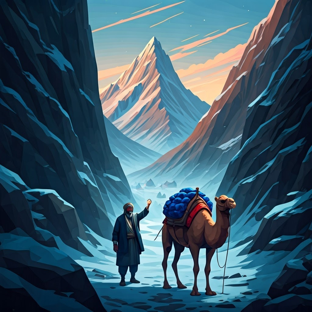 Afghan guides lead camels loaded with deep blue lapis lazuli across a snowy mountain pass at sunrise