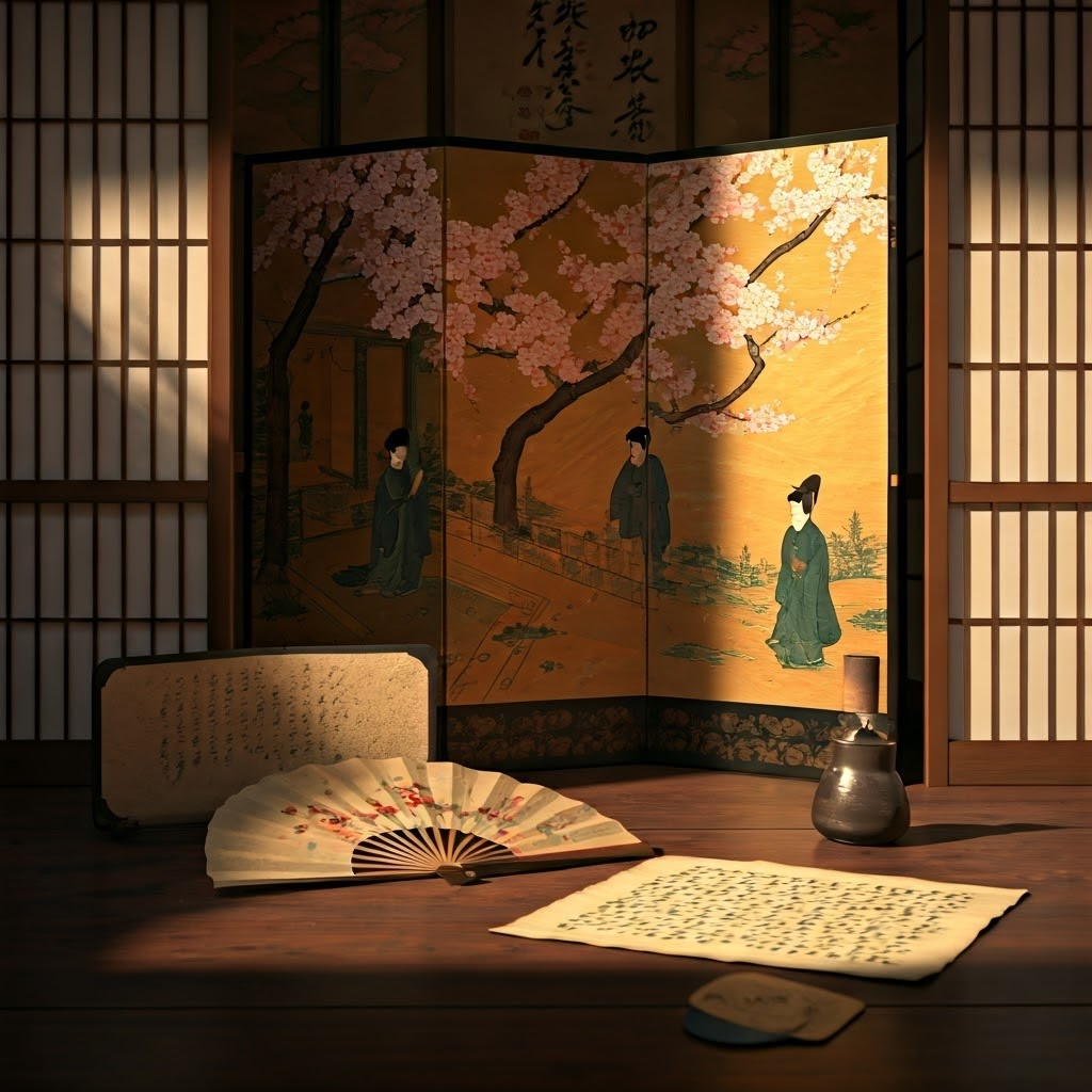 Detail from a folding screen showing courtly figures beneath cherry blossoms, evoking scenes from The Tale of Genji.