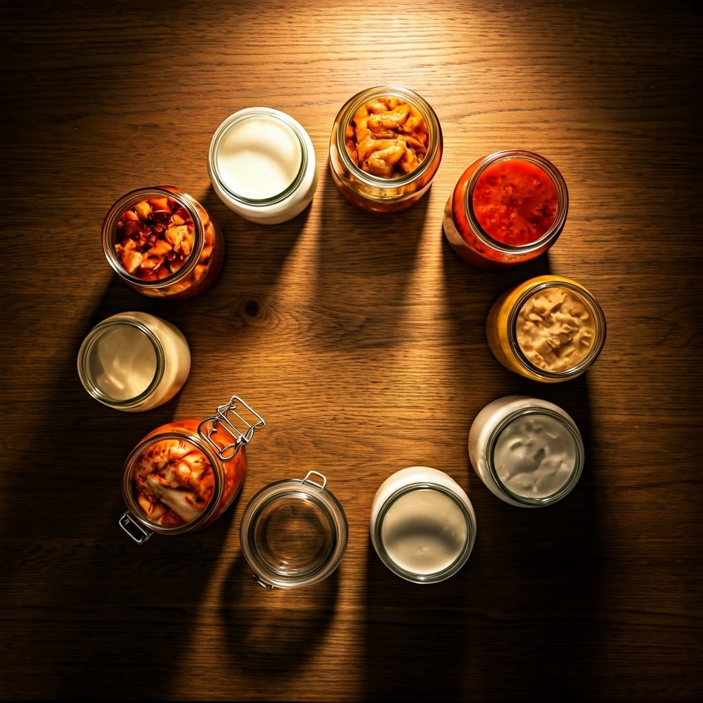 Kitchen island arranged with jars of kimchi, yogurt, miso, and tempeh, symbolizing teamwork among microbes