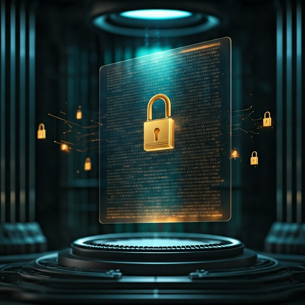 Close-up of a floating transparent digital ledger in a high-tech data chamber. Holographic code lines and golden padlocks revolve around a central glowing blockchain symbol. In the background, stylized network nodes interconnected by illuminated conduits form an intricate web of trust. Soft ambient lighting casts cool blue and green hues, emphasizing transparency and immutability. 3D concept art with abstract sci-fi and futuristic vector overlays.