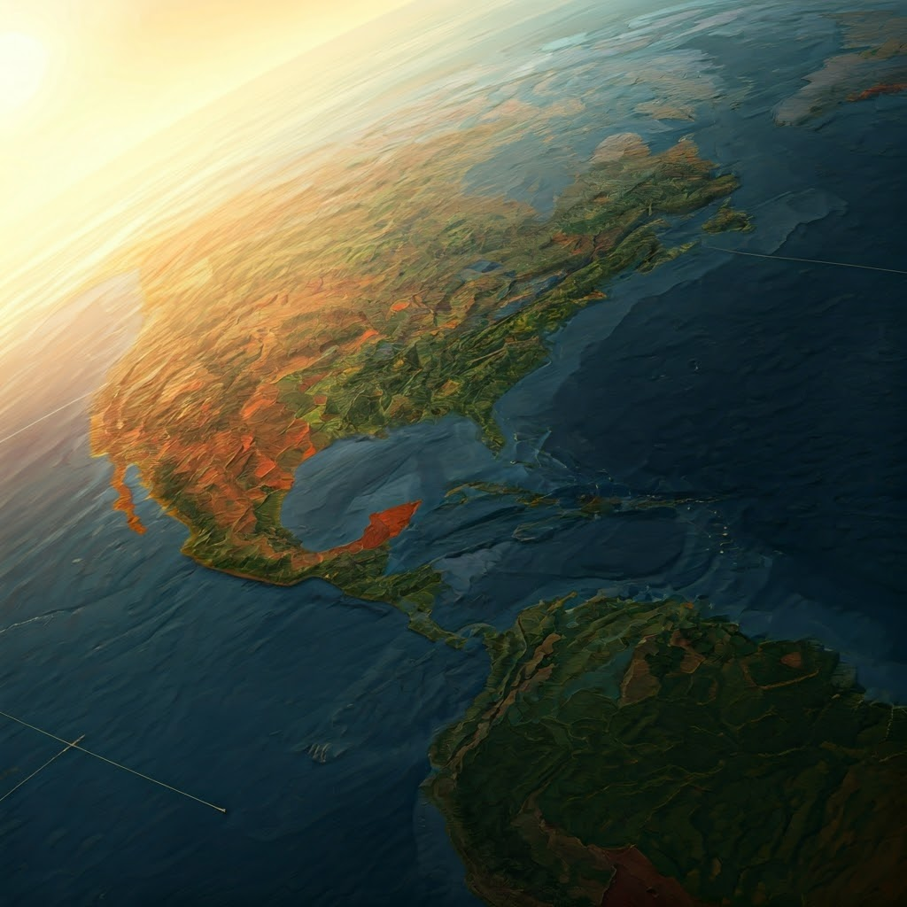 Colorful pre-Columbian map showing diverse native territories at sunrise, highlighting intricate trade routes across forests, deserts, and mountains.