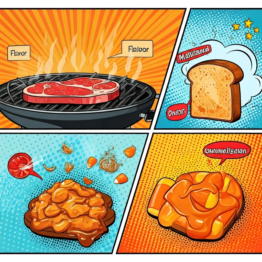 Comic-style panels comparing steak Maillard browning, toast, and candy caramelization