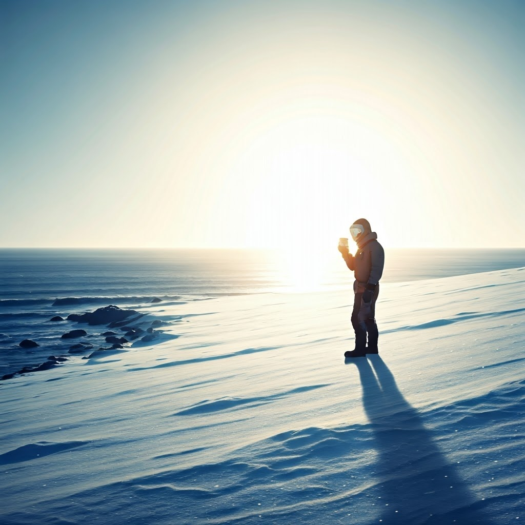 Snowy field reflects sunlight while nearby ocean absorbs it, illustrating albedo contrast.