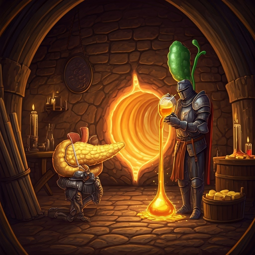 Fantasy pancreas knight and gallbladder alchemist releasing enzymes and bile onto food.
