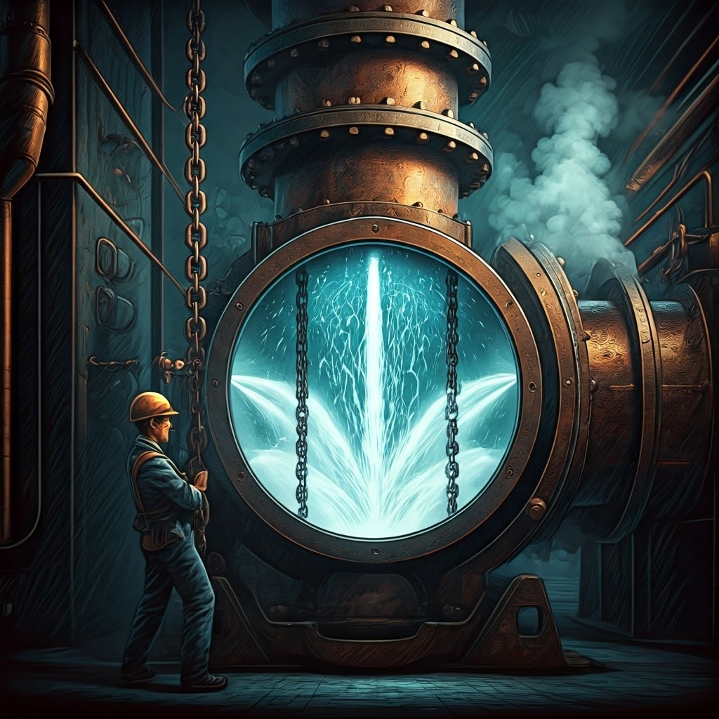 Infographic-style art of Newcomen’s cylinder as steam fills and cool water sprays—explains the vacuum cycle clearly.