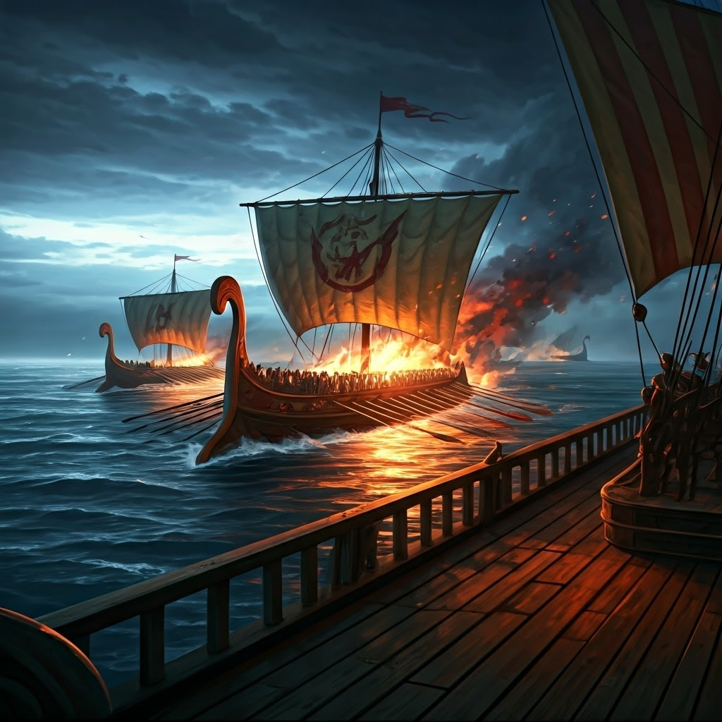Night sea fight: triremes collide as fire races across wooden decks under stormy skies.