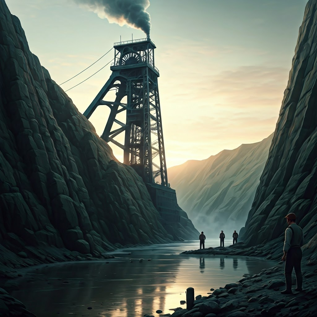 Dawn over an 18th-century mine with a towering beam engine pumping water—shows steam’s first large-scale job.