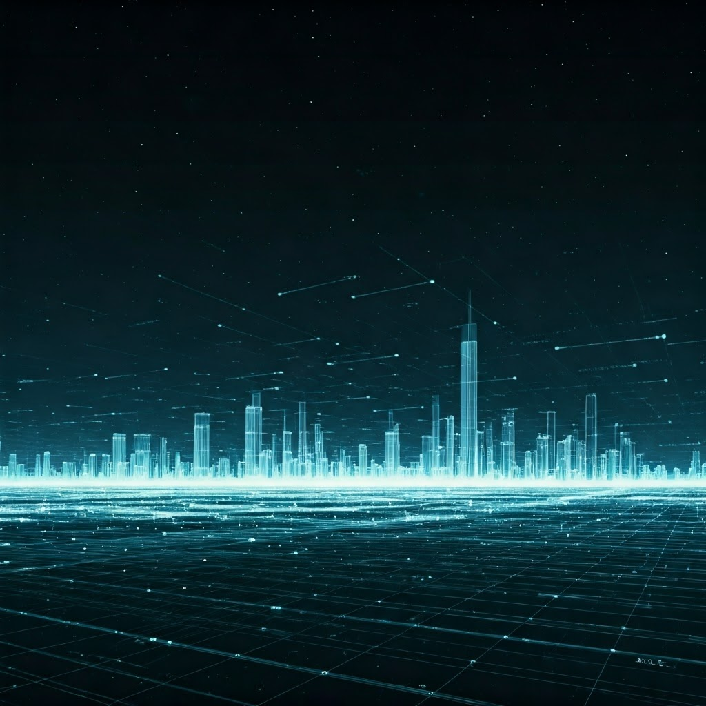 Nighttime city made of data streams and charts, illustrating big-picture health analytics