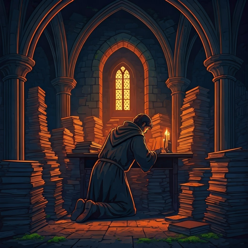 Scholar in a dim medieval library searches ancient manuscripts by candlelight, symbolizing the hunt for forgotten knowledge.