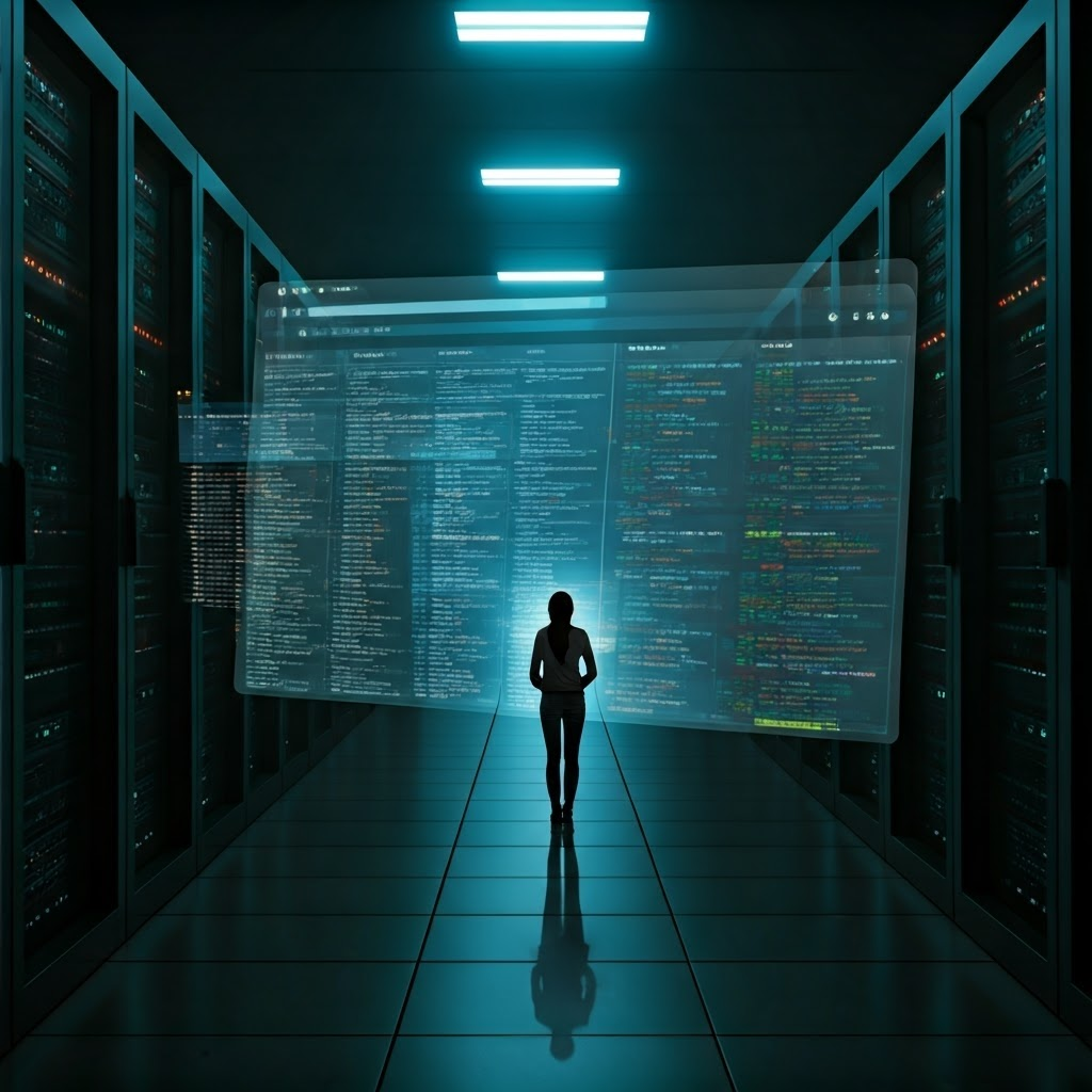 Tech enthusiast reviewing a glowing spreadsheet and floating code in a dim server room