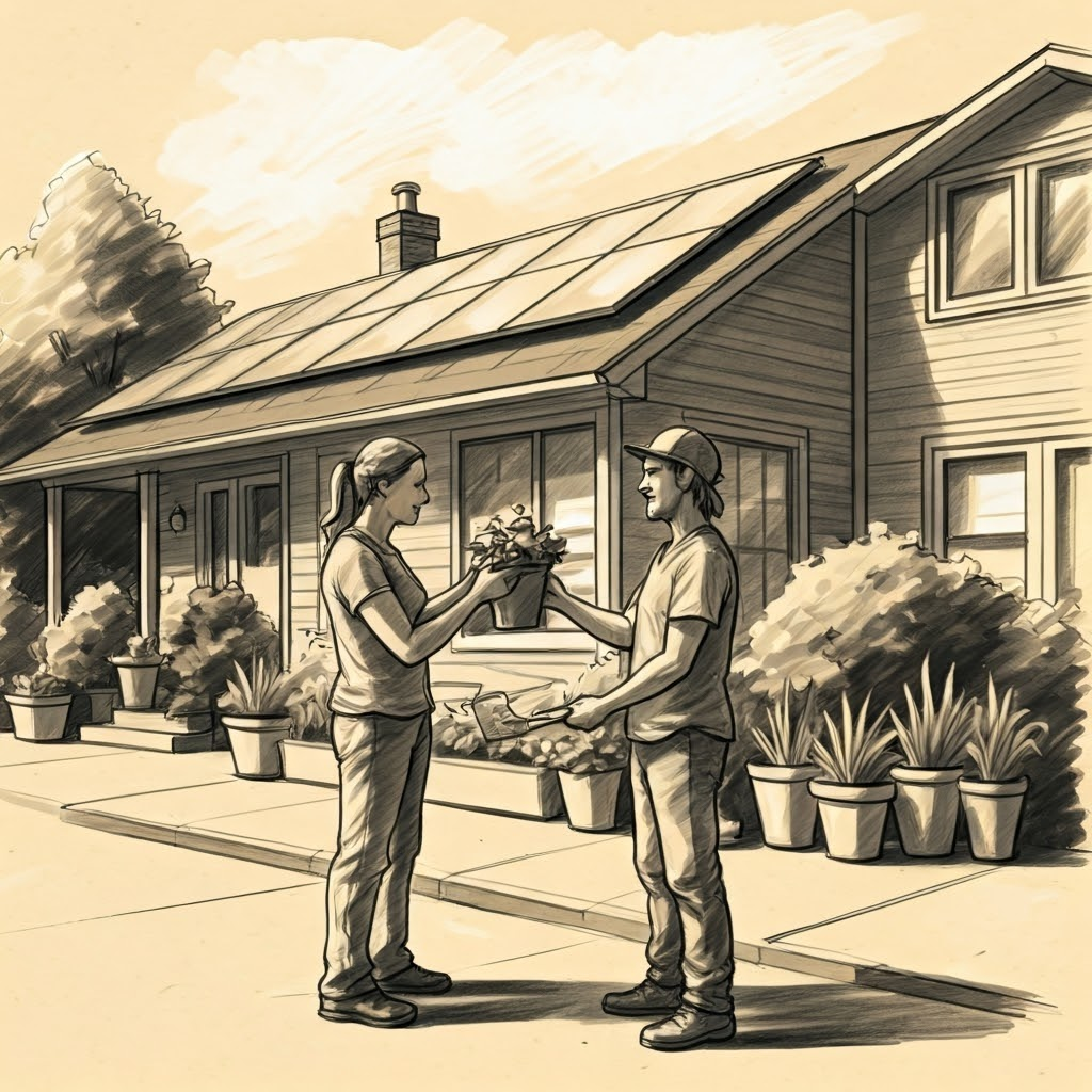 Charcoal sketch of neighbors exchanging garden tools beside a solar-panel roof, showing local climate action.