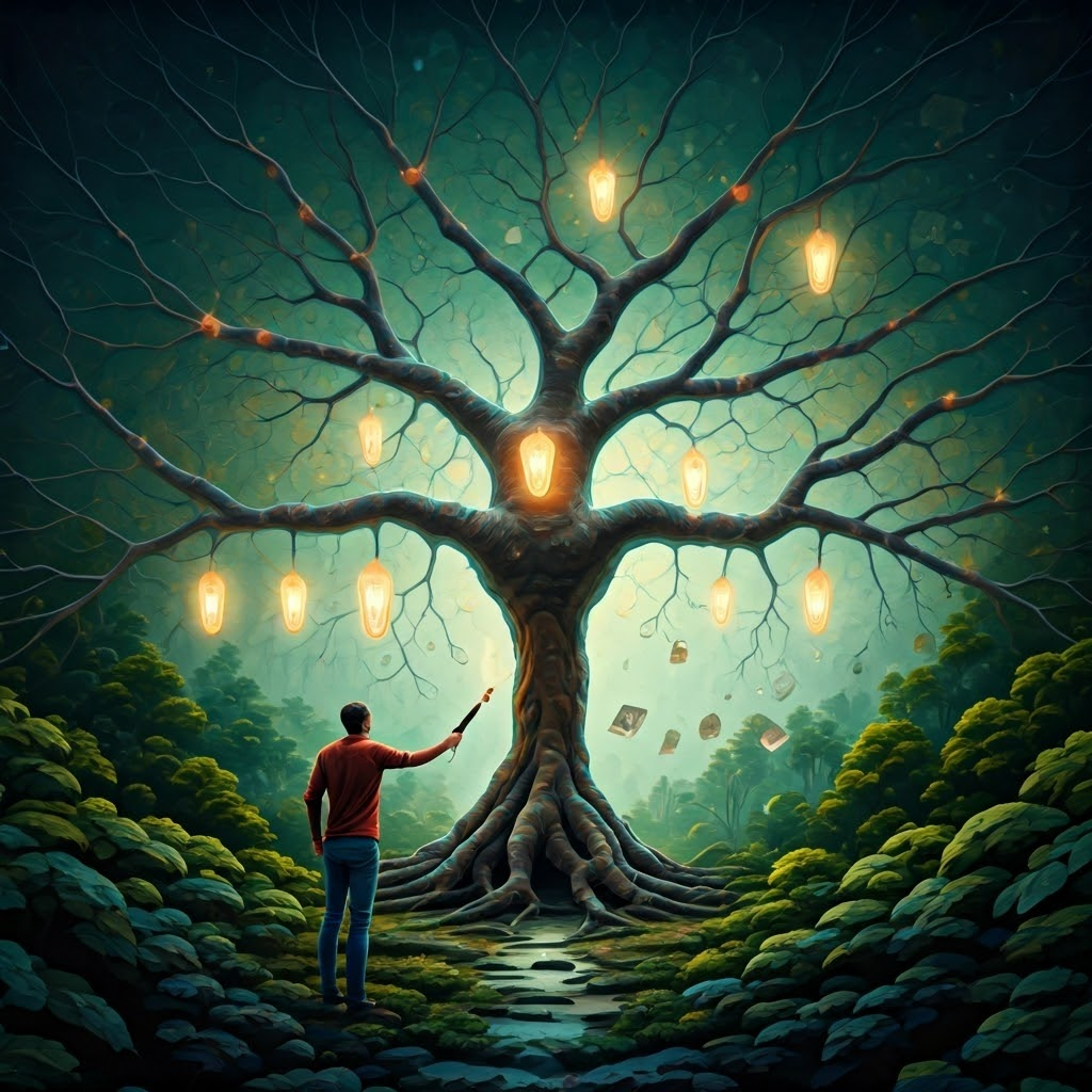 Surreal neuron tree painting symbolizing dendritic branching that links distant ideas during creative thought