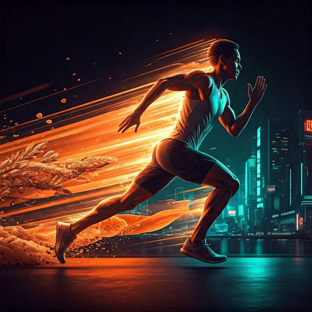Sprinter racing through a neon city fueled by swirling glucose strands, symbolizing carbohydrate energy