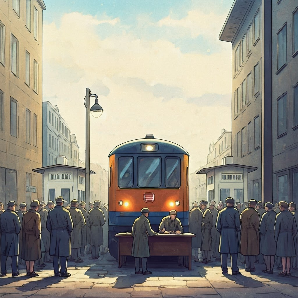 Crowded S-Bahn crossing sector lines while officers argue and multilingual signs clash.