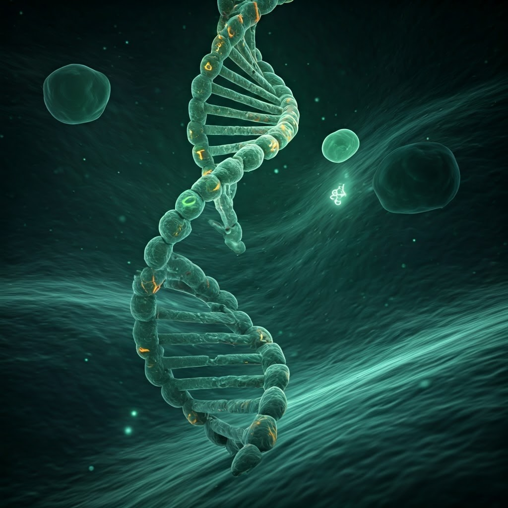 Illustration of a glowing DNA helix inside a cell, with highlighted A, T, C, and G letters guiding protein assembly.