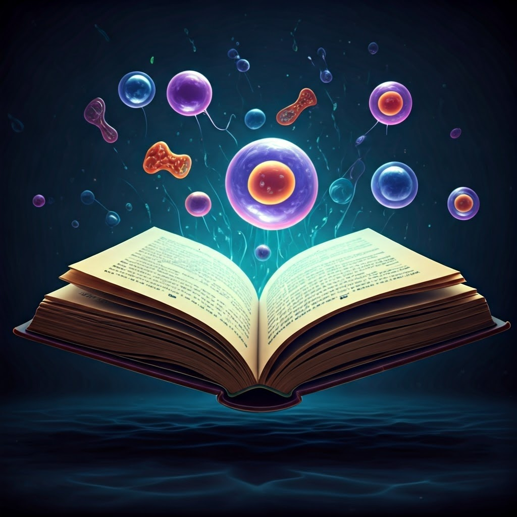 Digital painting of translucent cells floating from an open textbook, symbolizing how single-cell research rewrites biology references.