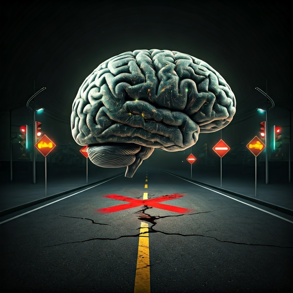 Glitch collage of neural circuits rerouting around a damaged zone, symbolizing quick functional adaptation.