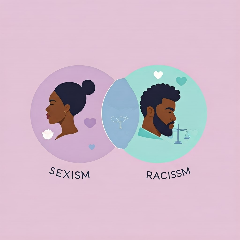Simple infographic with two circles—Sexism and Racism—overlap shows icons of Black women and justice scales.