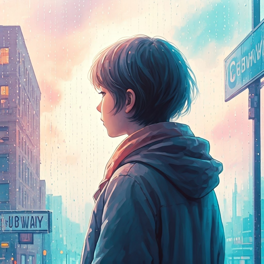 Soft watercolor scene of a person daydreaming by a rain-dotted window; pastel clouds blend with faint memories, suggesting a calm, wandering mind.