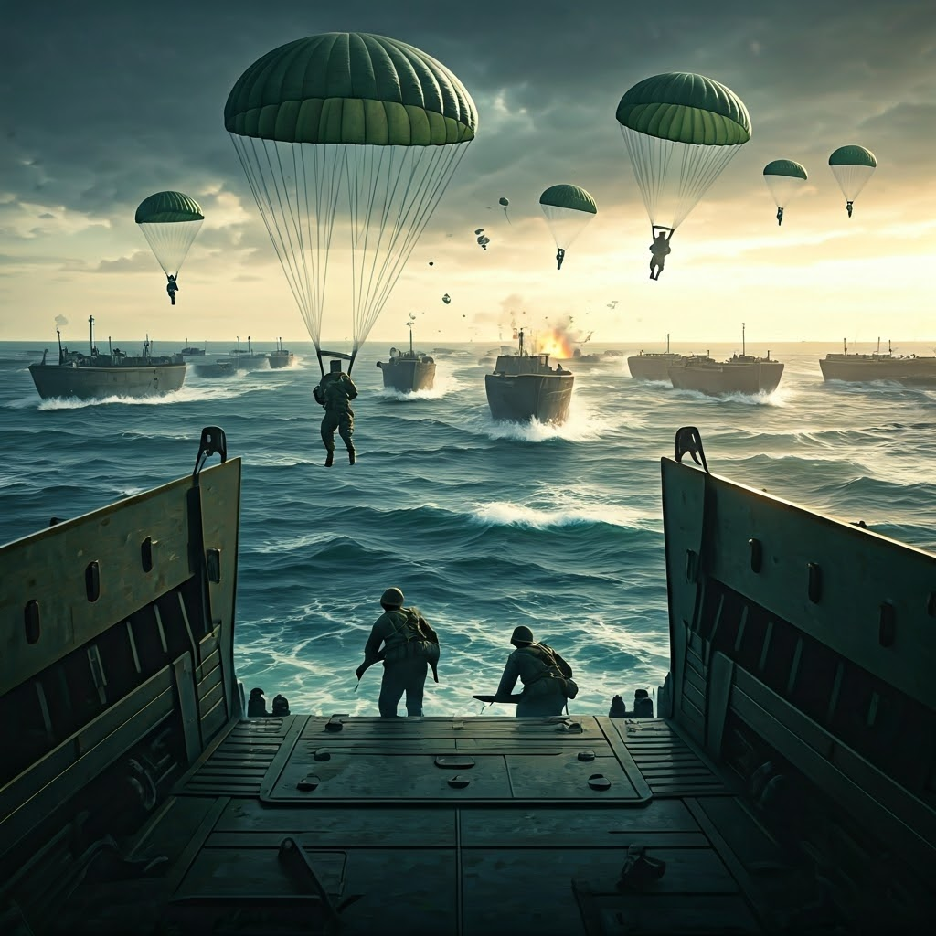 Dawn invasion scene with landing craft racing toward Normandy beaches amid explosions and parachutes overhead.