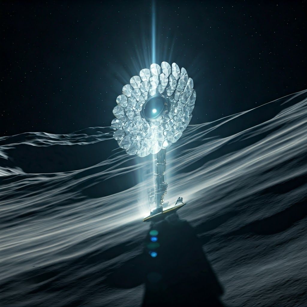 Mirror array on a lunar ridge concentrating sunlight onto a small high-efficiency cell