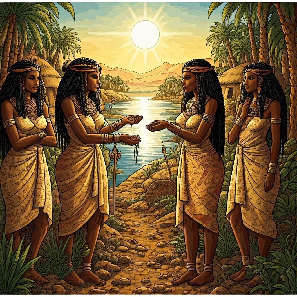 Ancient matrilineal communities in Egypt and West Africa exchanging heirlooms under palm trees.