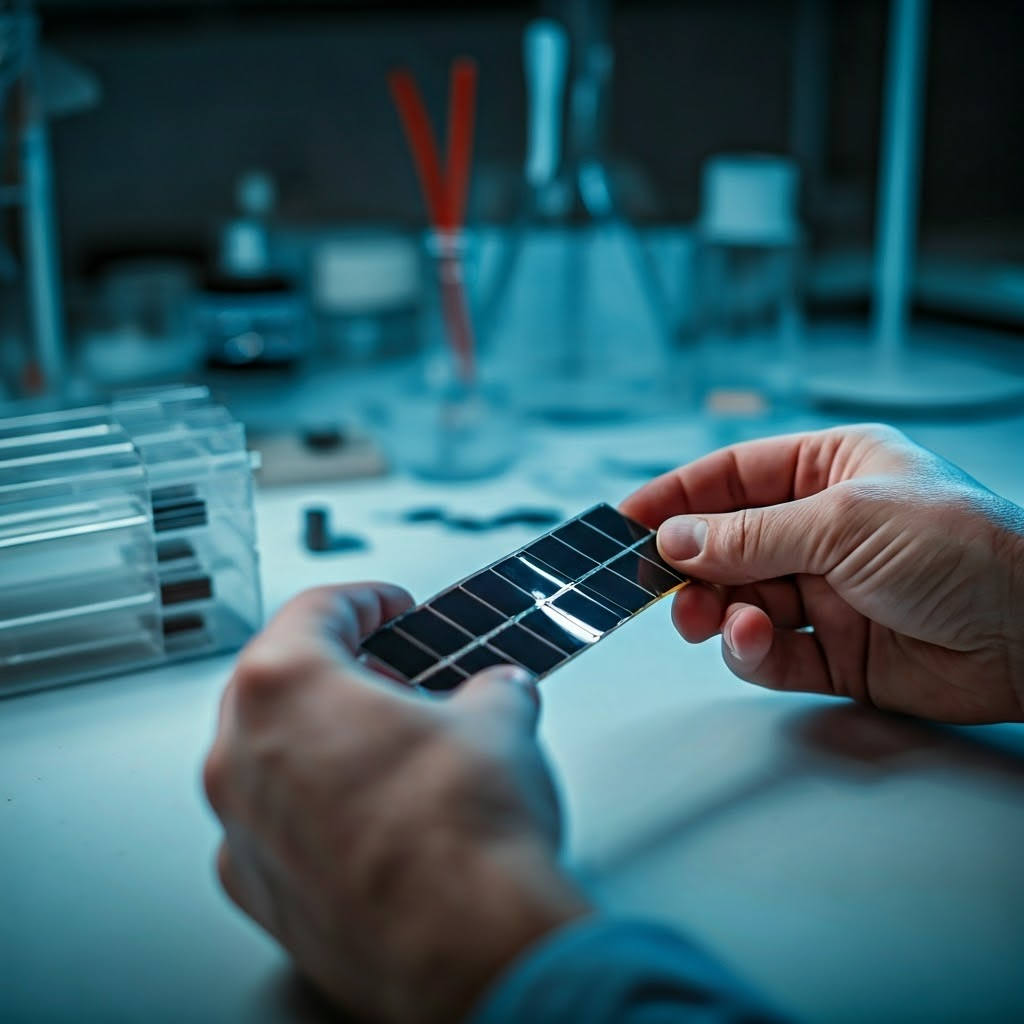Scientist holding a thin flexible perovskite solar strip on a lab bench
