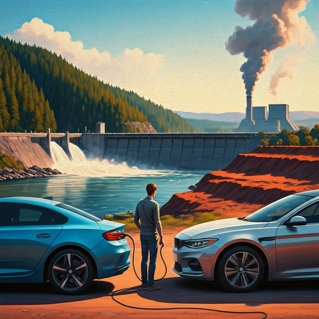 Friends charge identical EVs—one by a hydro dam, one by a coal plant