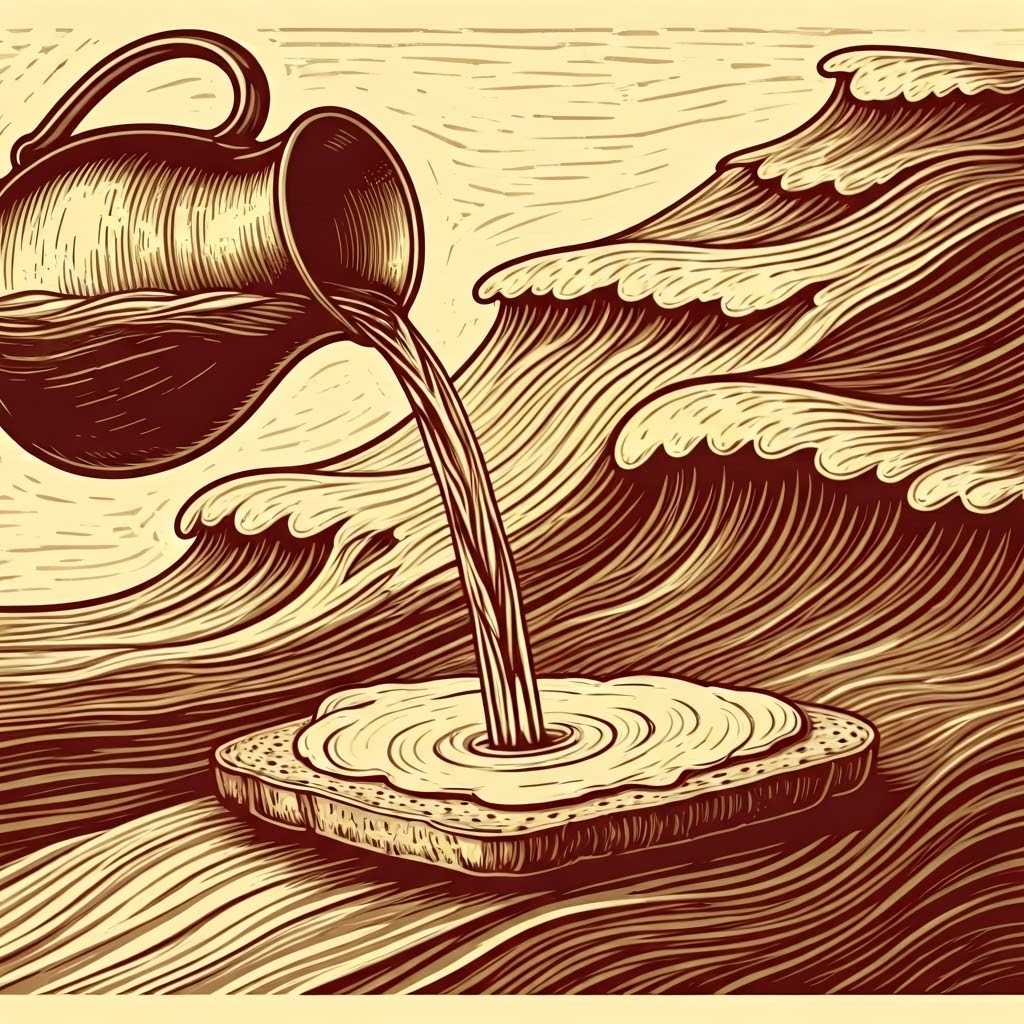 Sepia woodcut of water flowing from a pitcher and turning into butter spread on bread, illustrating continuous energy
