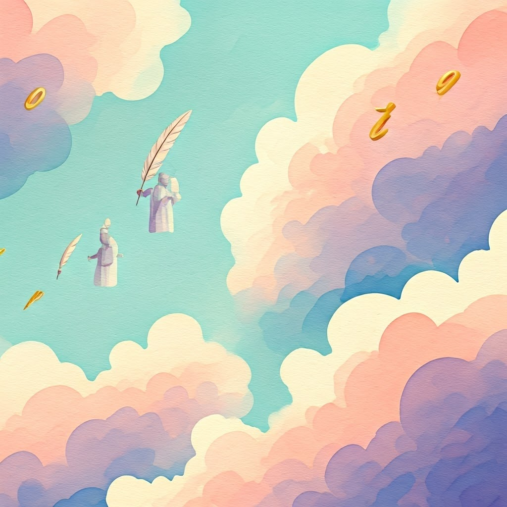 Students float in a dreamy sky classroom, quills and scrolls swirling among pastel clouds and golden Latin letters.