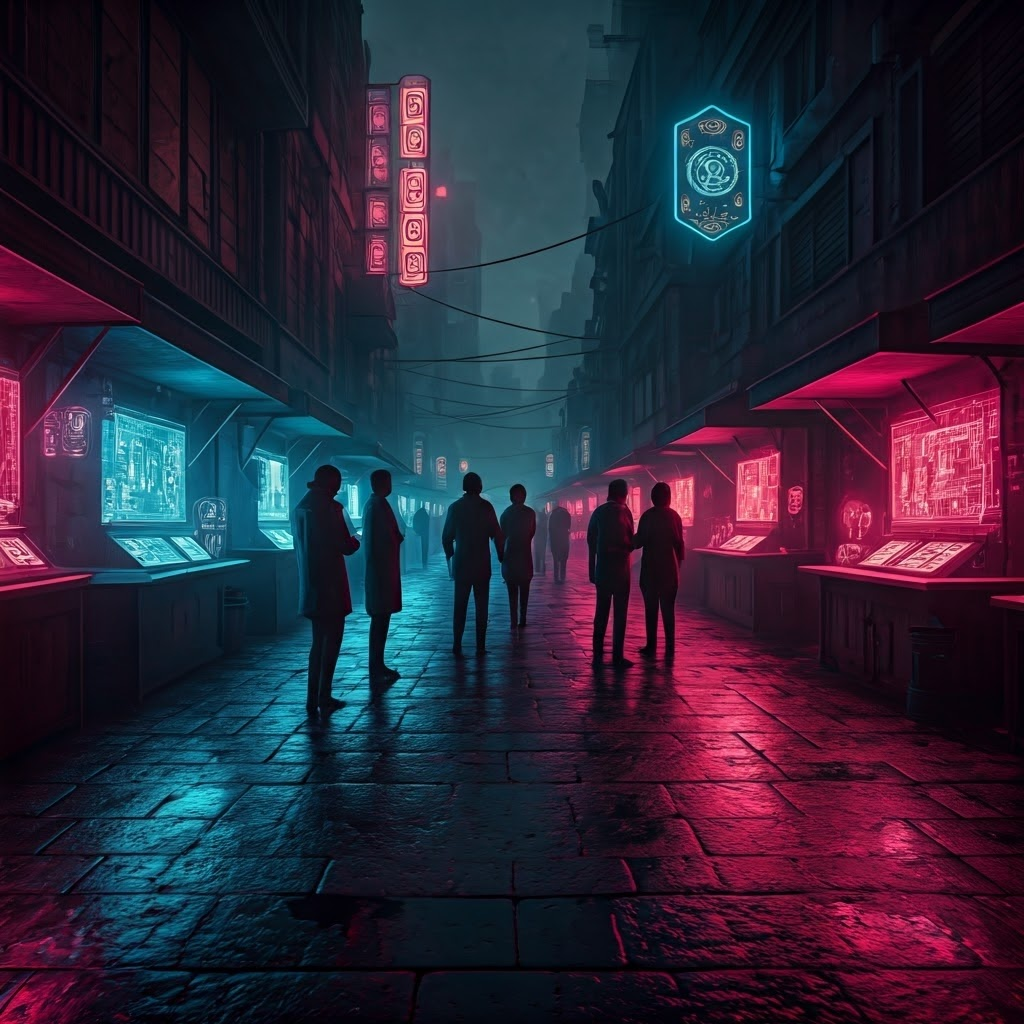 Cyberpunk street bazaar illustrating a vibrant decentralized computer network